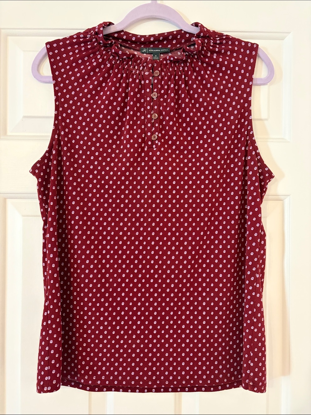 Adrianna Papell Burgundy Polka Dot Ruffle Sleeveless Top